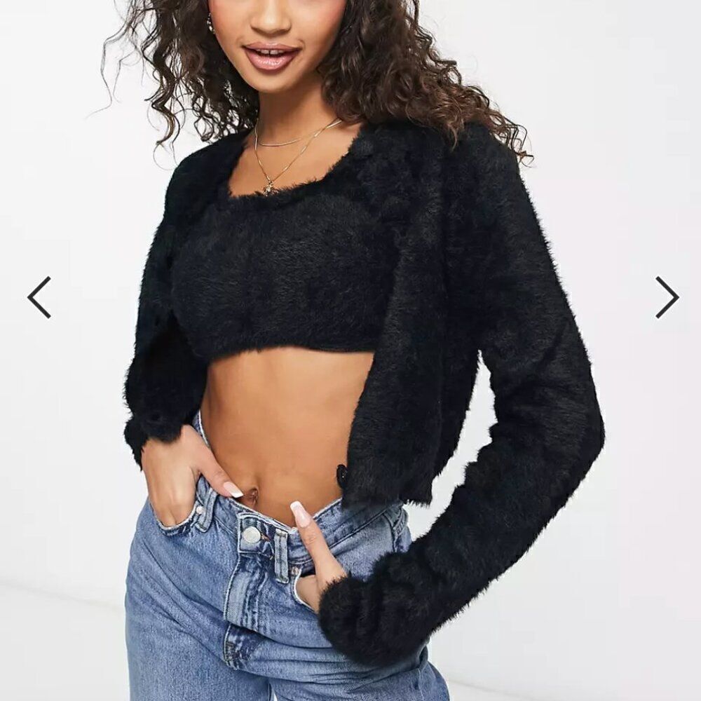 Charlie Holiday Lenny knitted cardigan and crop top set in black New With Tags